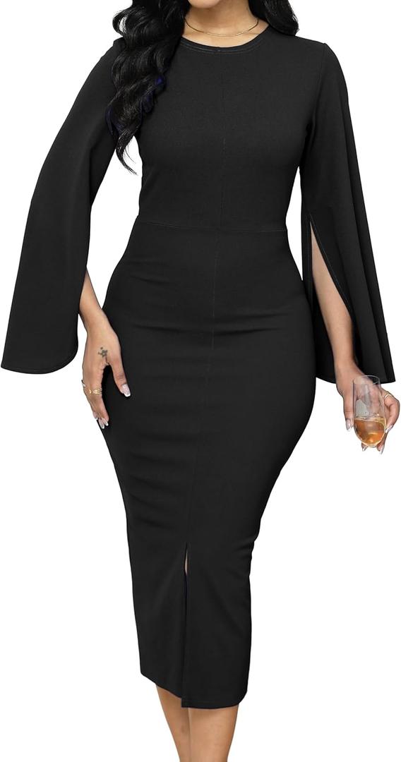 Women Church Dresses Bodycon Work Dress Bell Long Sleeve Round Neck Business Pencil Dresses (XX-Large)