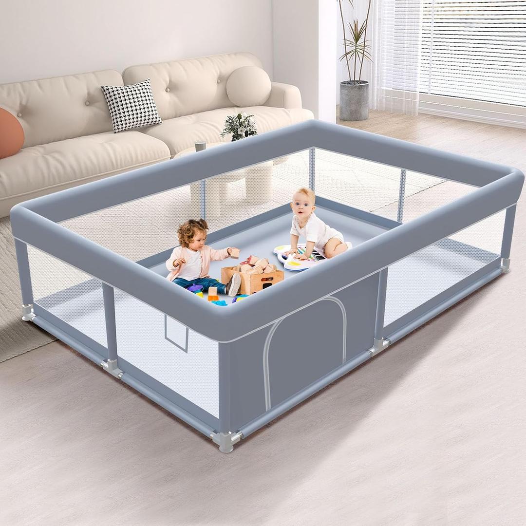 XVISHX 65 x 50 Inch Baby Playpen, Playpen for Babies and Toddlers, Baby Play Pen Playard for Indoor & Outdoor Active Center Game Fence, with Skin-Friendly Fabric and Soft Breathable Mesh, Grey