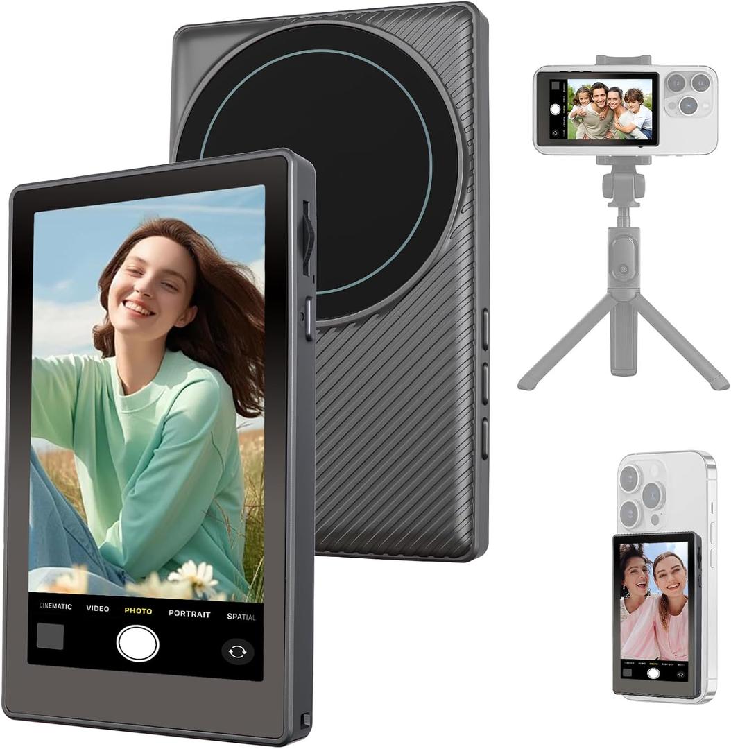 Wireless Vlog Selfie Monitor Screen: 4K 30fps Rear Camera Recording for Vlogging with iPhone Android , Built-in Speaker & Remote Zoom Selfies Magnetic Phone Monitor for TikTok YouTube Live Stream