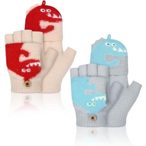 2 x SATINIOR 2 Pairs Winter Kids Fingerless Gloves Dinosaur toddler Finger Mittens Knit Convertible Half Finger Mitten Flap Aged 3-10