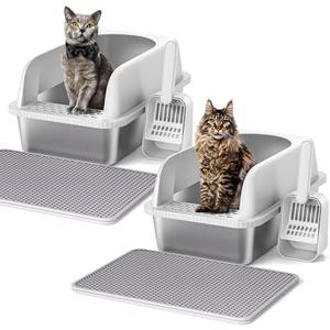 Henkelion 2 Pack Stainless Steel Cat Litter Box with Lid, 20" L x 14.2" W x 11.8" H, Extra Large Litter Box for Big Cats with High Sided, Anti-Urine Leakage, Easy Cleaning, Include Cat Mat and Scoop