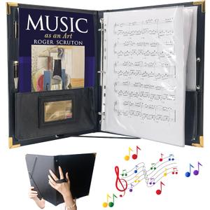 IvyRobes PU Leather Sheet Music Folder, 12.5" x 10" Choir Folder with 3 Rings, Hand Strap & Elastic Band,10 Pockets for 8.5" x 11", A4, 9" x 12" Sheets for Piano,Choral & Music Performance Black