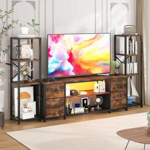 LED TV Stand Bookshelf Combo with Charging Station for 65 60 55 Inch TV, Entertainment Center with Lights & Drawers, Industrial Media TV Console Table for Living Room Bedroom Office, Rustic Brown, 77 Inches X 36 Inches X 27 Inches