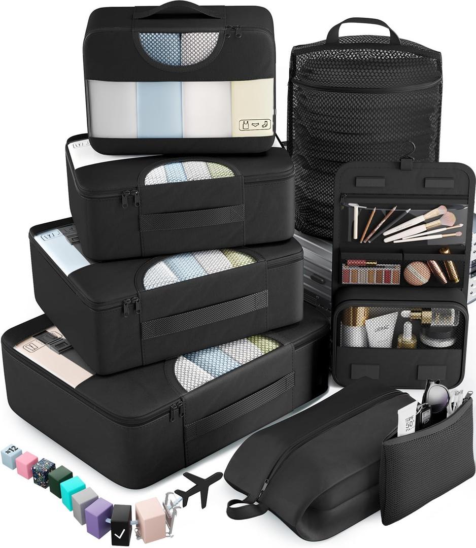 Veken 10 Set/8 Set Packing Cubes for Travel Essentials, Suitcase Organizer Bags in 4 Sizes, Carry-On Luggage Accessories with Laundry Bag & Passport Holder, Airplane Must Have, Camp Gifts for Men