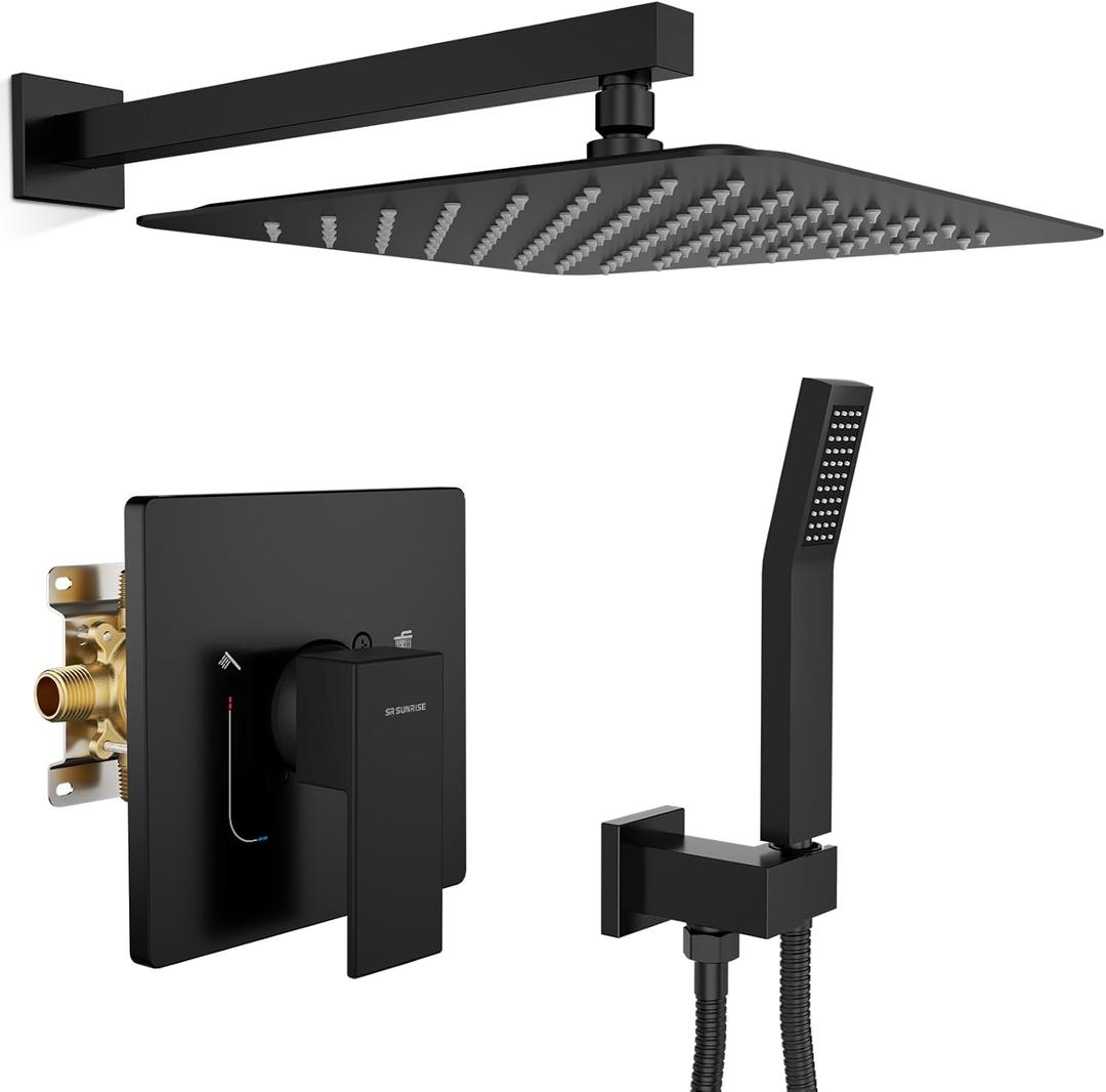 SR SUN RISE Shower Faucet Set & System - 12 Inch Rainfall Shower Head & Handle Set Wall Mounted Matte Black Solid Brass Valve Trim Kit Included