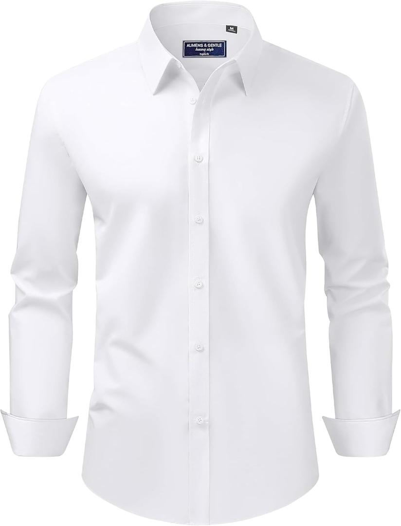 Alimens & Gentle Men's Dress Shirt Regular Fit Stretch Stain Shield Long Sleeve Solid Business Wedding Button Down Shirts (Medium, White)
