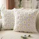DFXSZ Spring Summer Pillow Covers 16x16 inch Set of 2 Farmhouse Decor Yellow Flower Heart Sunflower Beige Soft Plush Faux Fur Jacquard Throw Pillows for Sofa Holiday Spring Home Decor 