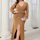 CYCLAMEN Plus Size Formal Maxi Dress Sparkly Ruched Puff Sleeve V Neck Slit Cocktail Wedding Guest Prom Evening Gown (Gold, XXL)