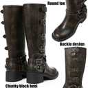 AMINUGAL Knee High Boots Women Square Toe Pull On Wide Calf Riding Fashion Buckles Chunky Metallic Casual Vintage Buckle Rivet (7)
