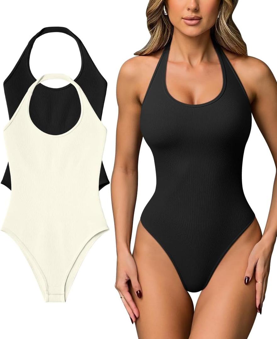 OQQ Women Halter Neck Bodysuits 2 Pack Sleeveless Shapewear One Piece Leotard Shirt Going Out Tops (Beige/Black, M)