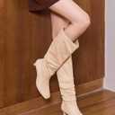 Coutgo Womens Slouchy Knee High Boots Low Kitten Heel Square Toe Tall Boots Fall Winter Shoes (Beige, M)