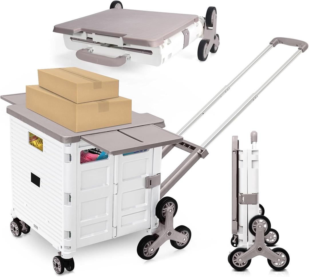 Foldable Utility Cart with Stair Climbing Wheels,Collapsible Rolling Crate with Magnetic Lid Telescopic Cover,Adjustable Telescoping Handle,360° Rotate Wheel Hand Cart for Teacher Shopping Moving