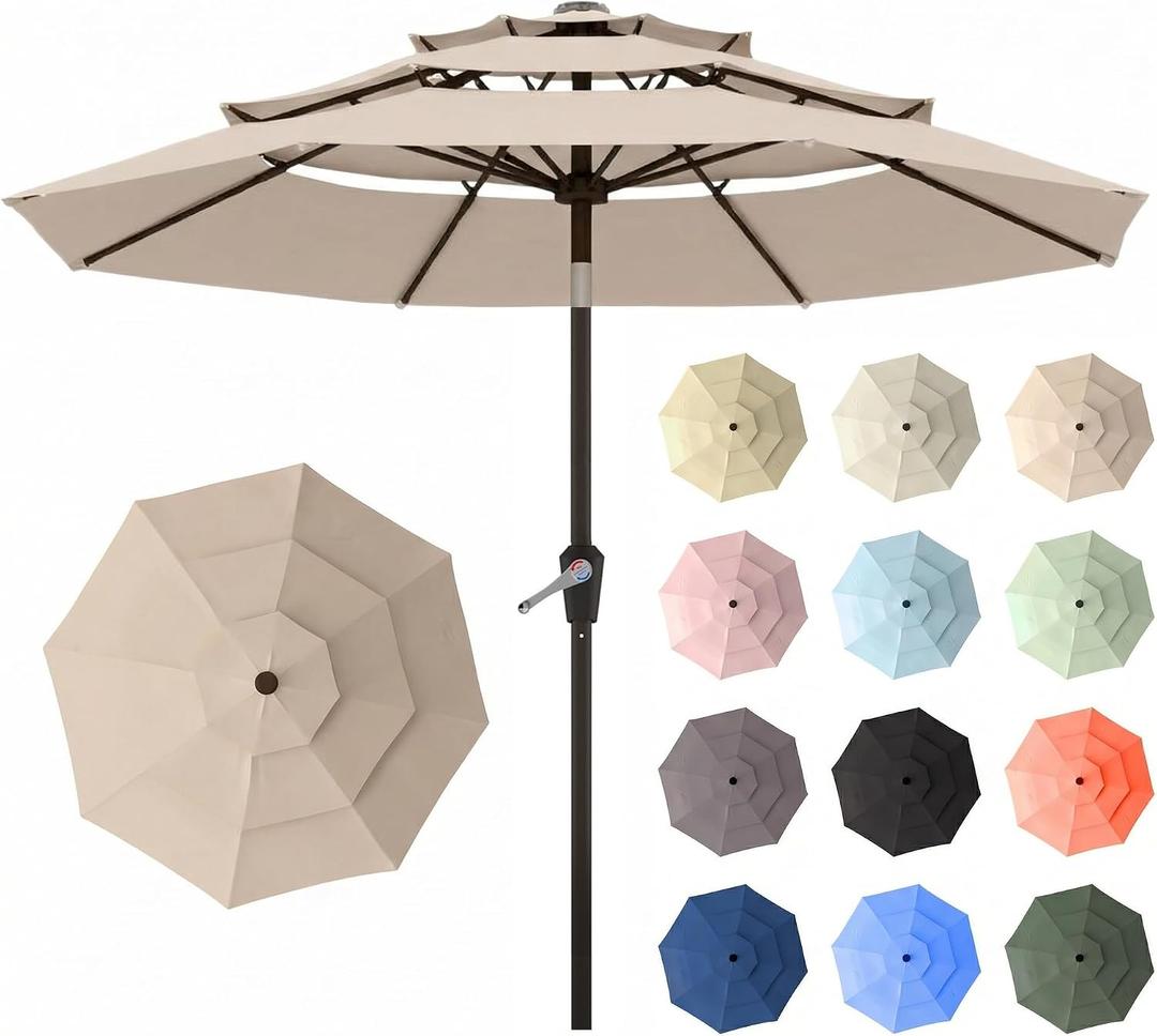 10ft Patio Umbrella, 3 Tier Outdoor Market Table Umbrellas with 8 Fiberglass Ribs and Push Button Tilt, Windproof, Vented Canopy, UV Protection for Deck, Pool, Backyard