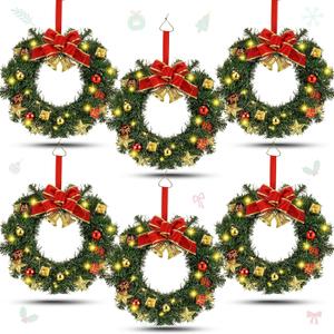Lyrow 6 Pcs Lighted Christmas Wreath with Red Bow Ornament 13 Inch Prelit Xmas Battery Operated Christmas Wreaths for Front Door Outdoor Holiday Wall Indoor Xmas Decorations Party Decor(Stylish)