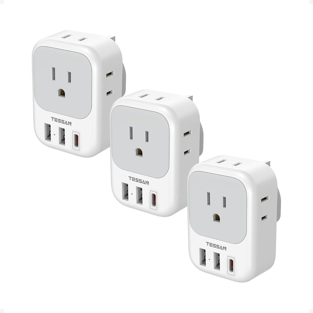 Type G Adapter for Travel 3 Pack, TESSAN US to UK Plug Adapter with 4 Outlets 3 USB Ports (1 USB C 20W), Ireland Power Adaptor for USA to England London Scotland Dubai Singapore Hong Kong British UAE