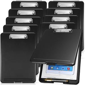 10 Pieces Clipboard with Storage Plastic Storage Clipboard Nursing Clip Board Foldable Clip Board with Low Profile Clip for Home Office School, Size 9.5 x 13.5 Inch (Black)