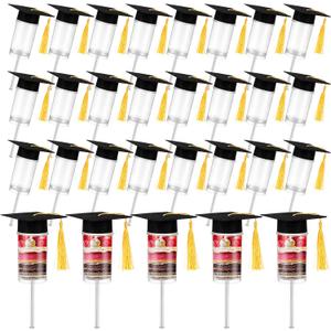 24 Pcs Cake Push Containers with Graduation Caps Clear Round Plastic Cake Pop Shooter Stand with Lids for Grad Party Supplies Graduation Party Favors Pop Desserts Ice Cream