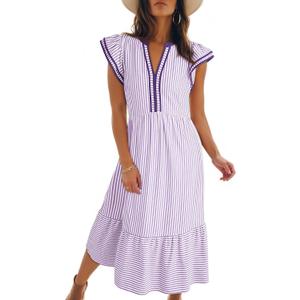 Dokotoo Spring Summer Dresses for Women 2026 Casual V-Neck Ruffle Cap Sleeve Empire Waist Dress Striped Flowy Midi Dresses with Pockets Purple X-Large