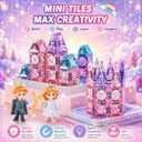 Magnetic Tiles Princess Toys, Princess Castle Travel Magnetic Blocks with Metal Box & 2 Dolls, Mini Magnet Tiles for Girls Pretend Play, Magnet STEM Sensory Gifts for Toddlers 3-5 4-8 8-12 Years Old