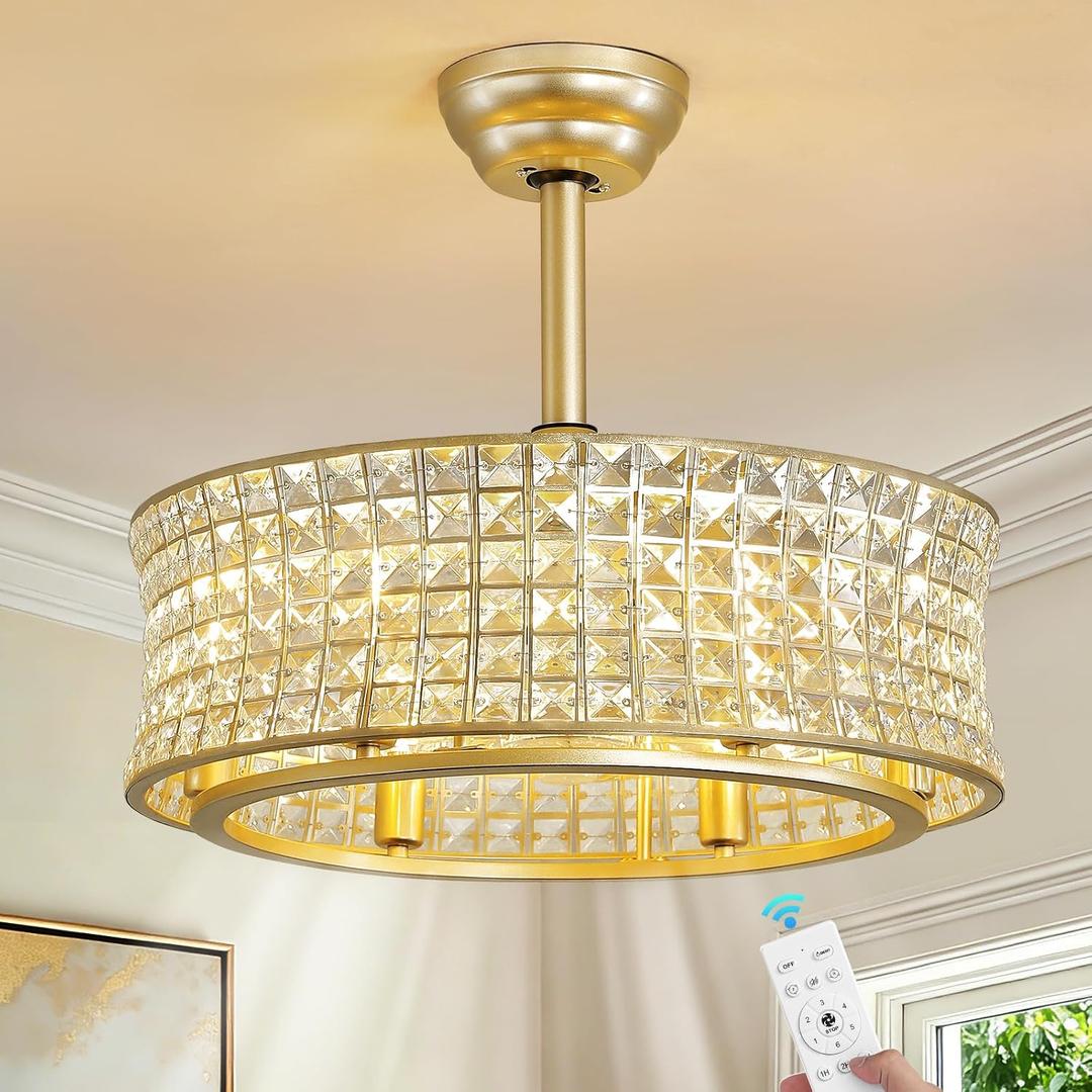 Gold Fandelier Ceiling Fans with Lights, 20 Inch Crystal Caged Ceiling Fan with Light and Remote, Semi Flush Mount Modern Farmhouse Chandelier Fan for Bedroom, Kitchen, Living Room, Small