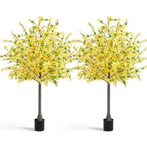 Thiccywoov 2 Pack 4FT Yellow Artificial Forsythia Tree, Faux Spring Forsythia Flower Branches Plant with Pot, Lifelike Fake Tree for Living Room Corner, Entryway, Porch Indoor Outdoor Decor