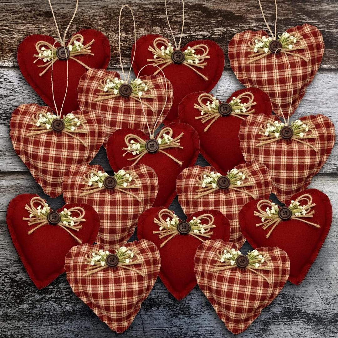 SmoothNovelty 12 Pcs Valentine Heart Ornaments for Tree 3.54 Inch Vintage Fabric Heart Shape Tree Decoration Rustic Red Pink Plaid Baubles Hanging Ornaments for Valentine's Day Wedding Anniversary