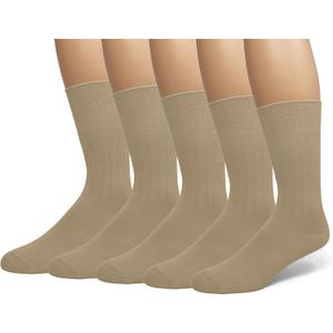 EMEM Apparel Men's Diabetic Dress Crew Cotton Socks | Non-Binding Loose Top | Seamless Toe (10-13, Khaki, 5-pack)