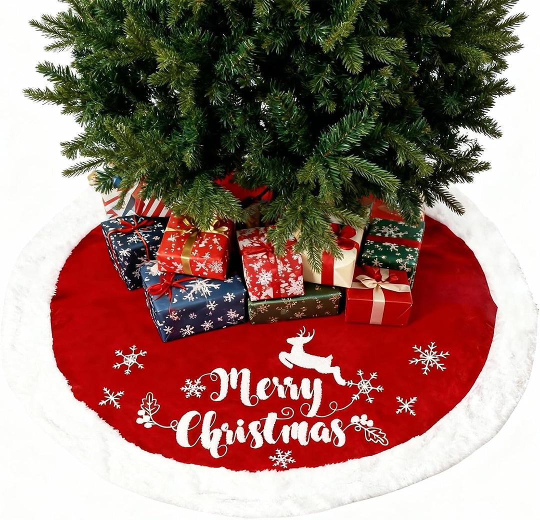 48 Inch Christmas Tree Plush Skirt,Faux Fur Christmas Tree Skirt with Snowflakes,Christmas Decorations Tree Base Skirt for Xmas Tree Decoration,Holiday Home Party Decor (Red)