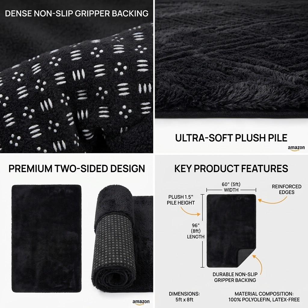 Ultra-Soft Black Area Rug (5' x 8') – Non-Slip Gripper Backing, Plush High-Pile Accent Rug for Living Room, Bedroom & Home Office