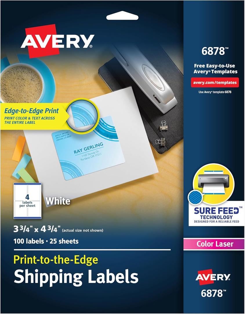 Avery Print-to-the-Edge Printable Shipping Labels, 3.75" x 4.75", Matte White, Sure Feed Technology, Laser & Inkjet Compatible, 100 Blank Labels, Great for Mailing, Branding, and More (6878)