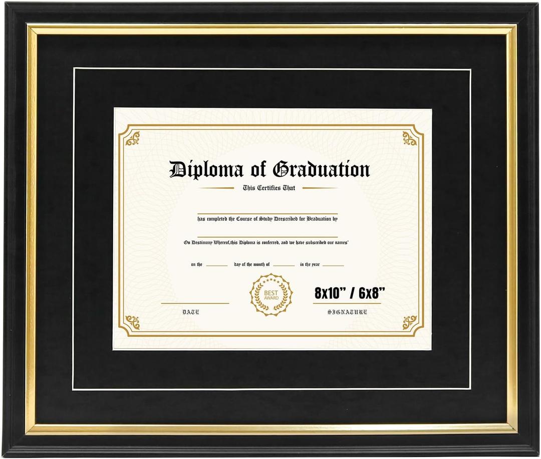 Solid Wood Certificate Frame 10x12, Adjustable Double Mat for 6x8, 8x10 Documents, Wall Mount Display with Tempered Glass, Black Mat Board, Gift Ready for Diplomas, Awards, Certificates