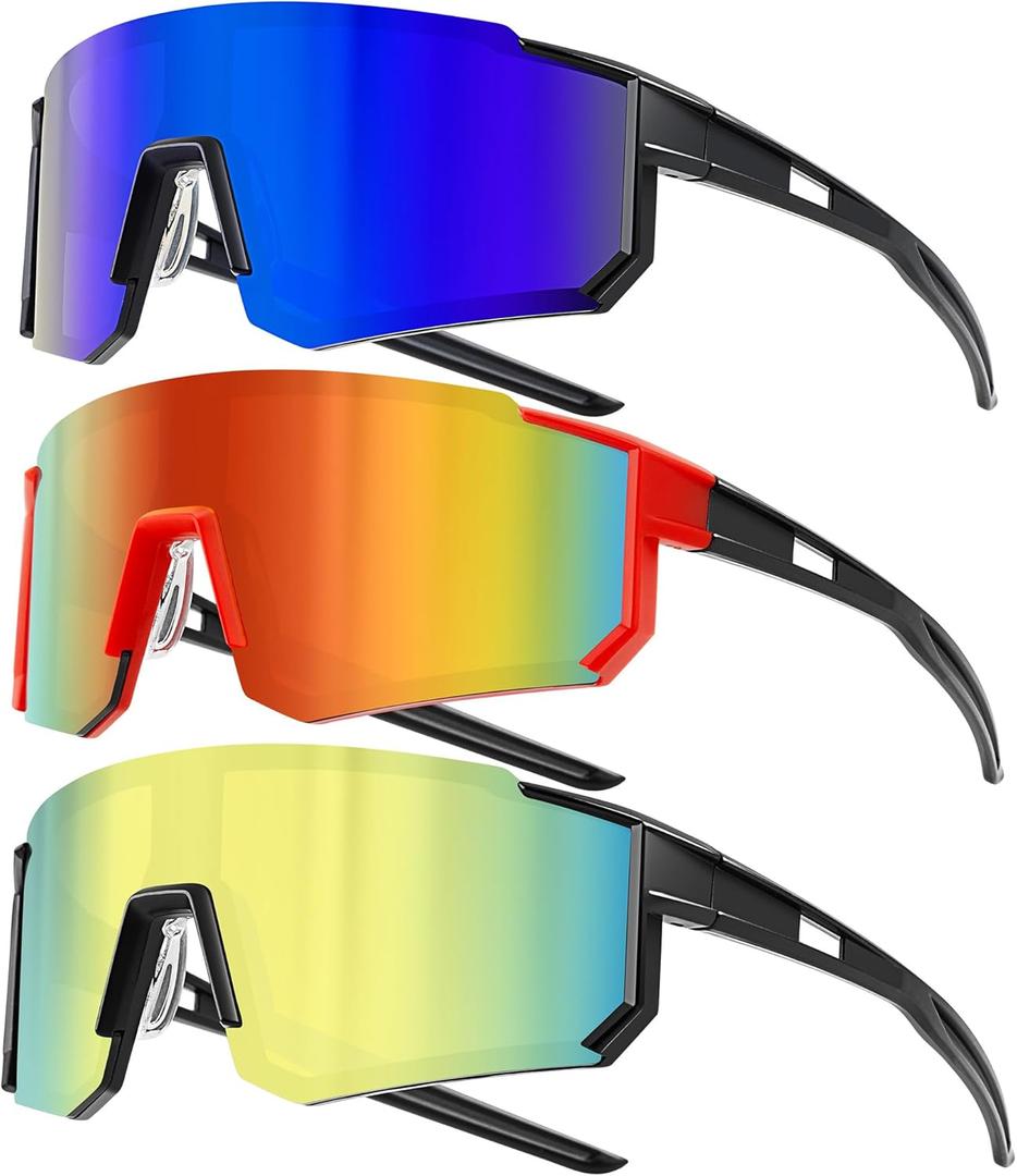 Sport Cycling Sunglasses for Men - Women 3 Pack Baseball Shades Sports Glasses for Running MTB Bike Softball (B-blue Orange Gold)