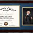GraduationMall 11x22 Mahogany Diploma Frame with Tassel Holder and Picture for 8.5x11 Certificate 5x7 Photo,Real Glass,Navy over Gold Mat