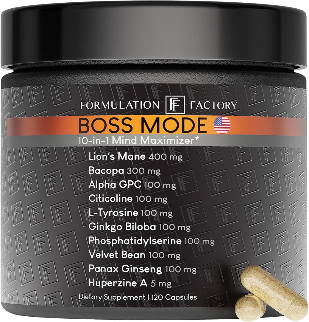 Boss Mode 10-in-1 Nootropic Cognitive Enhancement Supplement, Focus & Memory Booster, Featuring Lions Mane, Bacopa Monnieri, Alpha-GPC, Ginseng & More 120 Capsules (1 Pack)