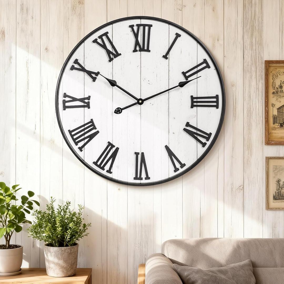 24 Inch White Roman Numeral Metal Wall Clock, Silent Non-Ticking Large Wall Clock for Living Room Decor, Modern Farmhouse Wooden Clock Battery Operated