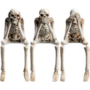 Thyle Set of 3 Halloween Statues See Speak Hear No Evil Skeleton Figurines Realistic Skull Decorations for Home Haunted House Halloween Party Decor Favors Shelf Accessories (Bone White)