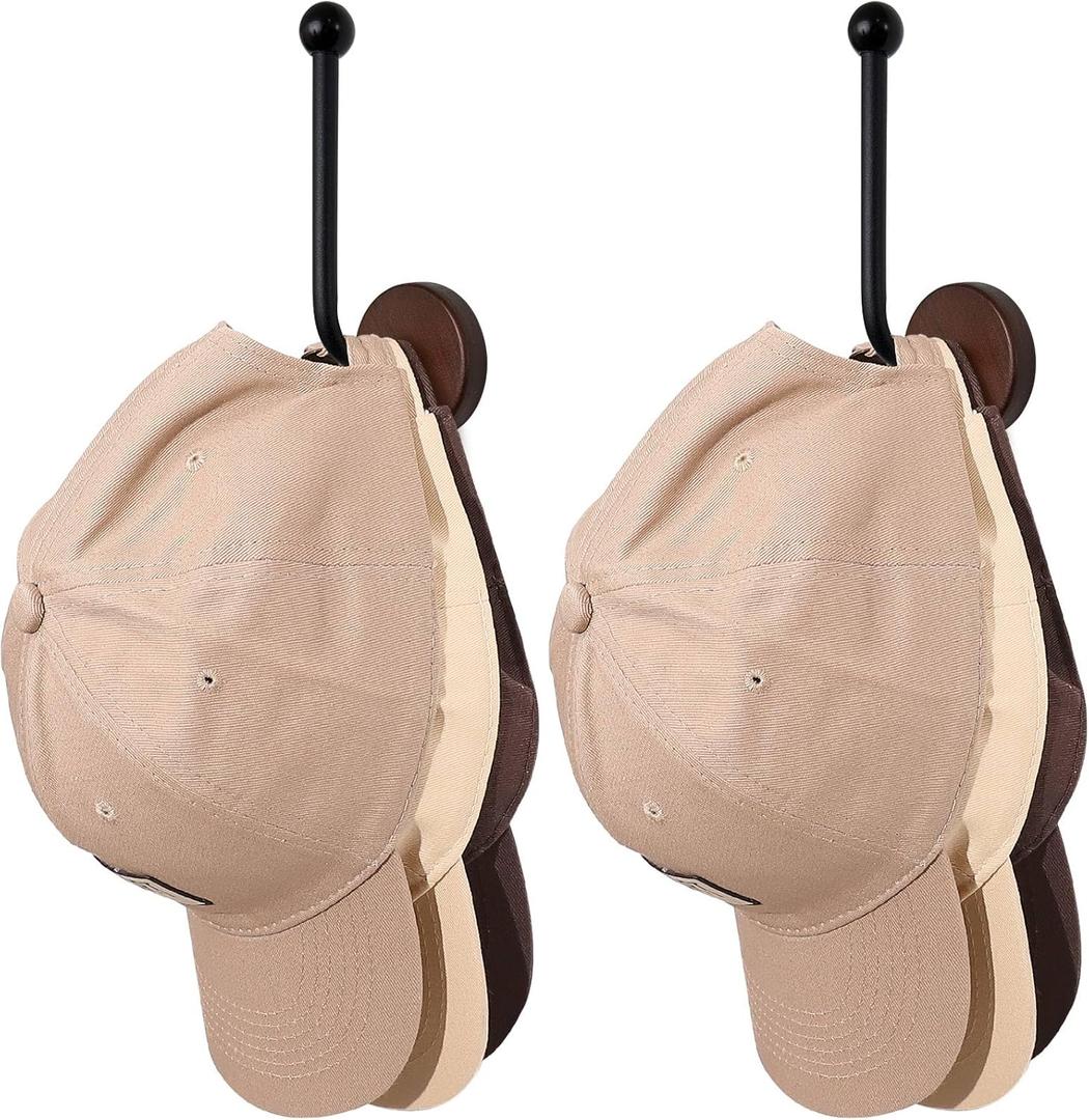 SCUNDA Adhesive Hat Holder Storage Organizer - Wall Mounted & Door Back Hat Rack with Wood Base & Metal Rod for Closet, Cabinet, Wardrobe (Walnut,2-Pack)