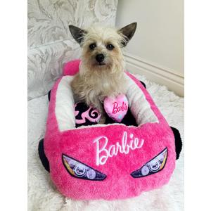 Barbie Plush Car Pet Bed- Themed Plush Pink Pet Bed for Dogs and Cats  Soft and Cozy Pet Bed with Barbie Pillow and Car Design