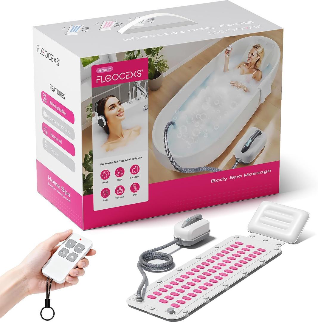Portable Spa Bubble Bath Massager,Full Body Waterproof Spa Mat for Bathtub, 6-Speed Bubbles, Remote Control & Non-Slip Suction Cups for Home Relaxation Pink