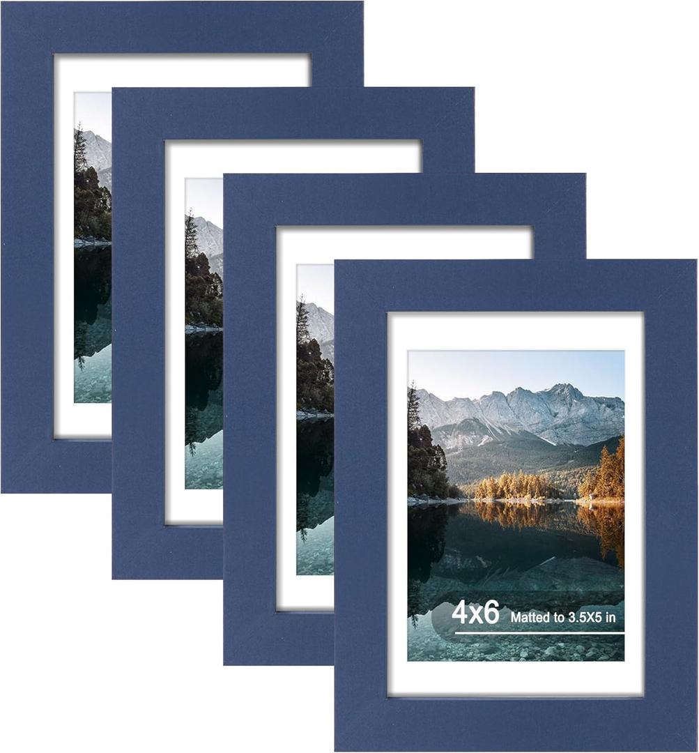 4x6 Picture Frame Set of 4, High Definition Real Glass, Display Pictures 3.5x5 with Mat or 4x6 Without Mat, Gallery Wall Hanging or Tabletop Photo Frames, Blue