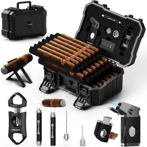 Cigar Humidor Set with 5-in-1 Cigar Lighter, V Cutter, Cigar Holder, Cigar Draw Enhancer, Humidifier&Hygrometer, Portable Travel Cigar Humidor Box, Cigar Accessories Cigar Case, Cigar Gifts for Men