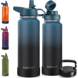 CIVAGO 40 oz Insulated Water Bottle With Straw, Stainless Steel Sports Water Cup Flask with 3 Lids (Straw, Spout and Handle Lid), Double Walled Travel Thermal Canteen Mug, Indigo Black