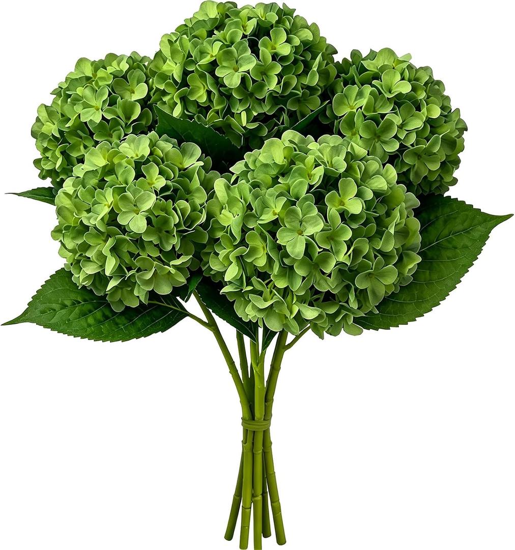 5PCS 26 Real Touch Dark Green Faux Hydrangea Artificial Flowers with Stem | Large Lifelike Silk UV Resistant Single Flowers, Fake Plant for Wedding Bouquet Centerpieces Party Home Indoor Decor
