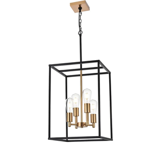 VINLUZ Retro 4 Light Large Farmhouse Chandelier Rustic Dining Room Lighting Fixtures Hanging in Black and Brushed Brass Finish Metal Square Cage Pendant Lighting for Kitchen Island