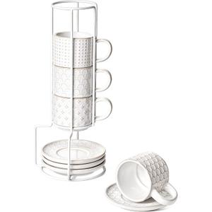 LE TAUCI 4 oz Stackable Espresso Cups with Saucers and Stand, Set of 4, Ceramic Coffee Cup Set for Double Shot, Macchiato, Lungo, Ristretto, Microwave & Oven Safe - Embossed White