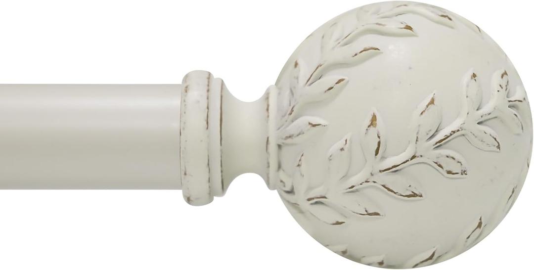Curtain Rod for Windows 66 to 120 Inches: 1 Inch Heavy-Duty Adjustable Decorative Curtain Rod With Rustic Leaf Finials for Bedroom & Living Room White