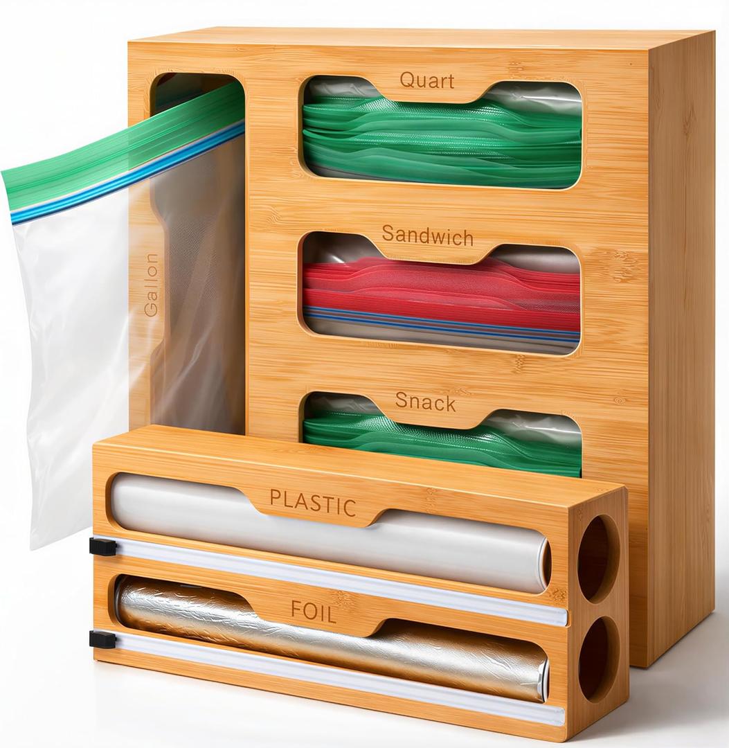 Bamboo Food Storage Bag Organizer for Drawer with Foil & Plastic Wrap Dispenser  4 in 1 Premium Kitchen Drawer Organizer for Gallon, Quart & Sandwich Bags