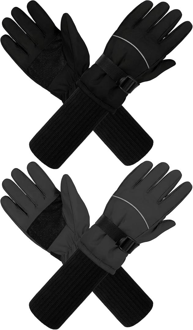 Cooraby 2 Pack Long Kids Winter Ski Gloves Waterproof Warm Snow Gloves Thick Unisex Mitten Gloves for Girls Boys 6-10 Yrs Old