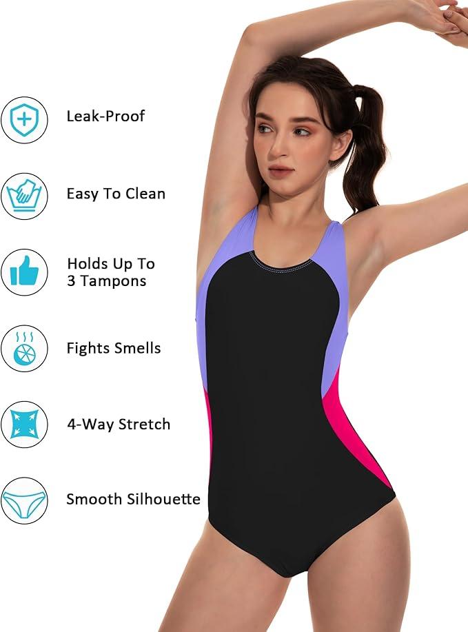 Beautikini Period Swimwear One Piece Leakproof Menstrual Swimsuit Racerback Color Block Bathing Suit for Teen Girls Women, M