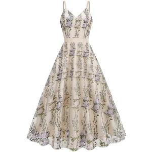 Long Floral Embroidery Dress for Women Flower Embroidered Maxi Dress Spaghetti Straps Formal Evening Party Tulle Prom Dress L